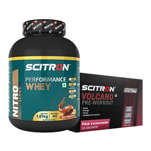 Scitron Nitro Series Performance Whey 1.81 Kg+ Scitron Volcano Pre Workout 30 Sachets